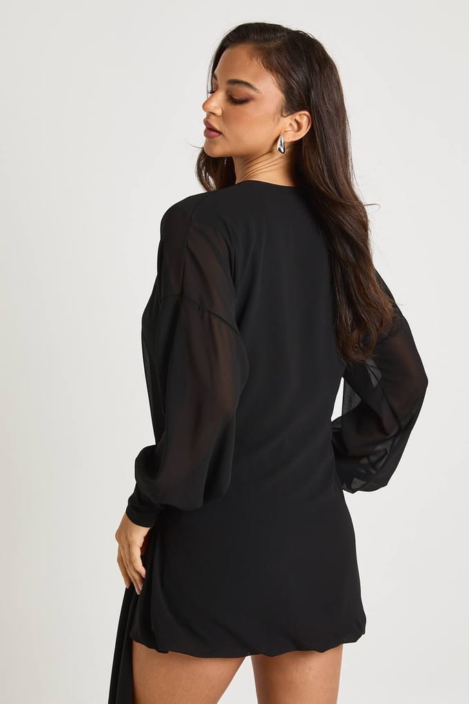 boohoo Dames Mini-wikkeljurk met lange mouwen | Black | Maat: 10
