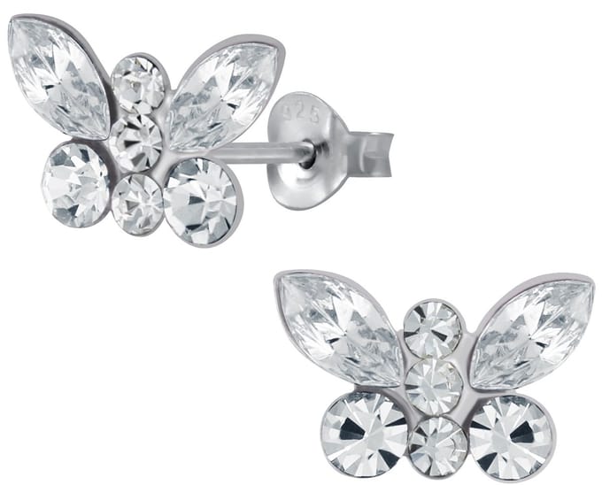 Joy|S - Zilveren vlinder oorbellen - 12 x 8 mm - wit kristal