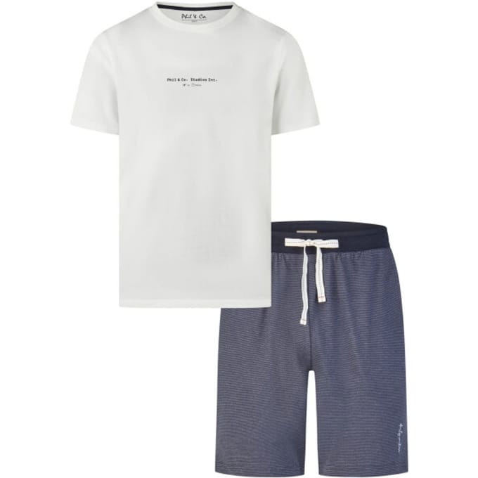 Phil & Co Heren Shortama Korte Pyjama Set Wit/Donkerblauw Gestreept - Maat M