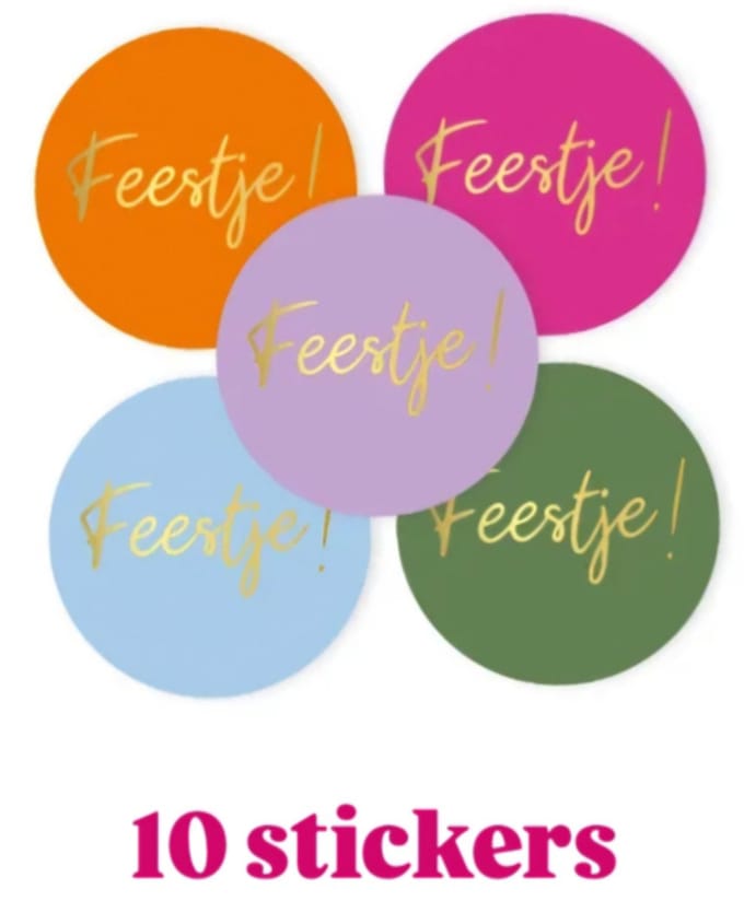 10x Sticker - FEESTJE ! - Color Mix - 4cm - sluitsticker - cadeausticker