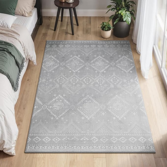 Boho vloerkleed 120 x 170 cm - Wasbaar - Pluizig - Duifgrijs