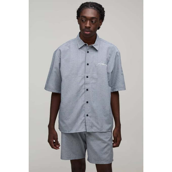 Geborduurd Micro-ruit Boxy Overhemd & Short Set | Black | Size Medium