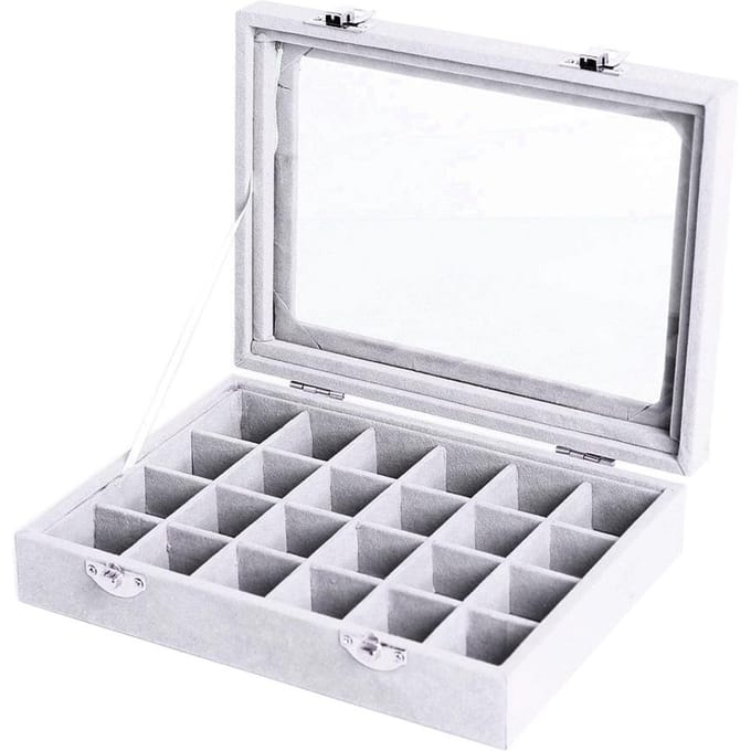 24 roosters vitrine glazen top sieraden doos organisator opslagcontainer grijs