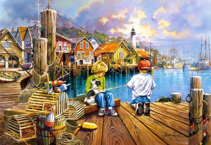 Puzzel 1000 stukjes kleurrijk kade met boten