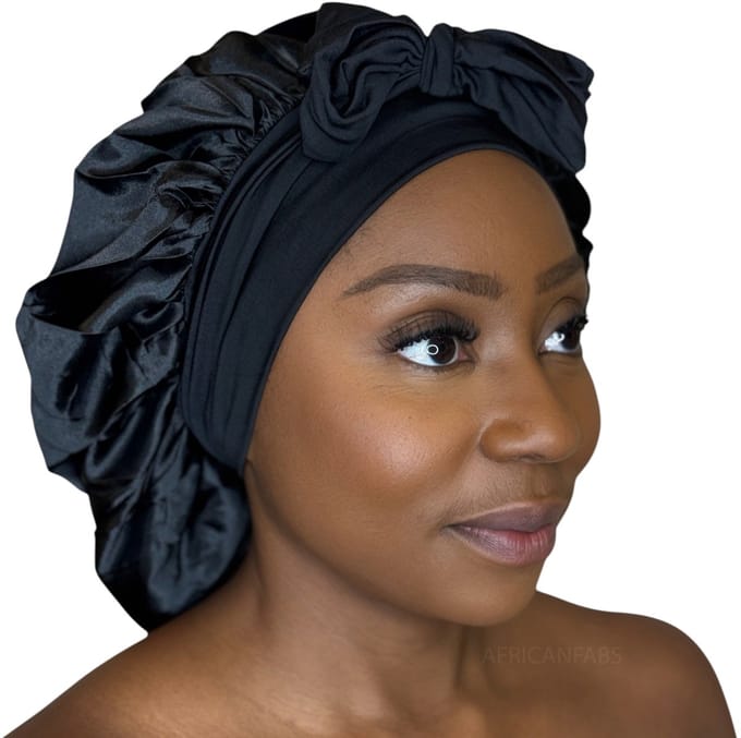 Satijnen Haar Bonnet met Banden - Zwart (Satijnen Slaapmuts ) – AfricanFabs®