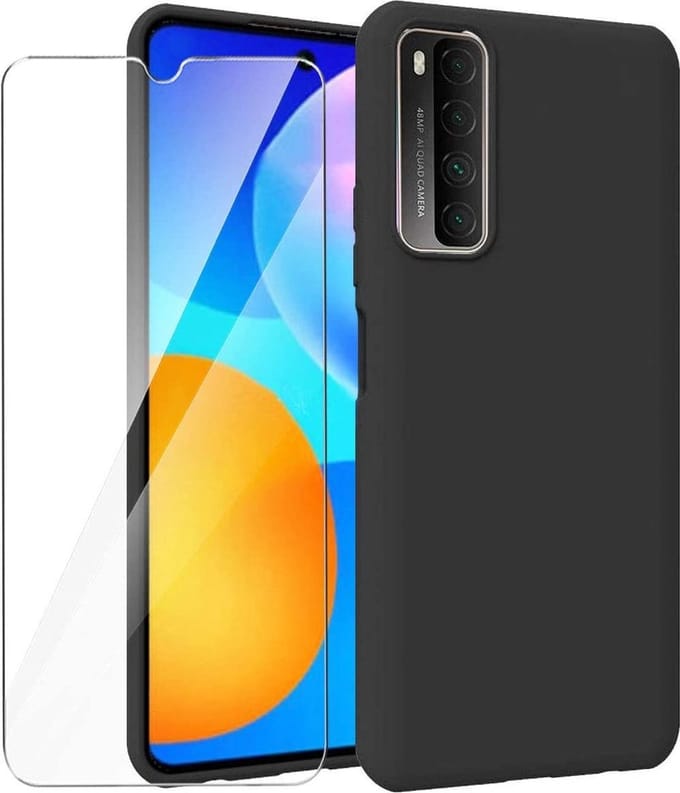 Silicone hoesje zwart met 2 Pack Tempered glas Screen Protector Geschikt voor : Huawei P smart 2021