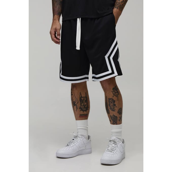 Middellange Basketbalshort Met Mesh En Tapedetail | Black | Size 5XL