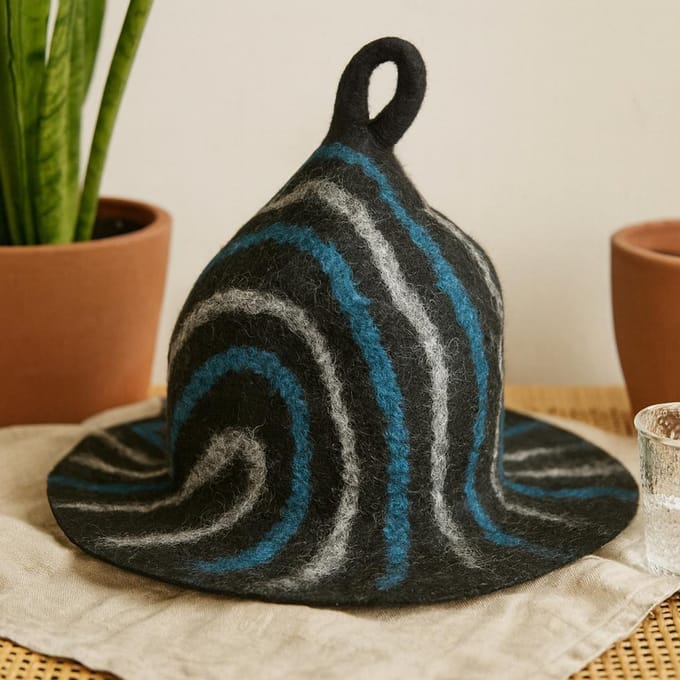 Felted Sauna Bowl Hat - Black Blue Streaks