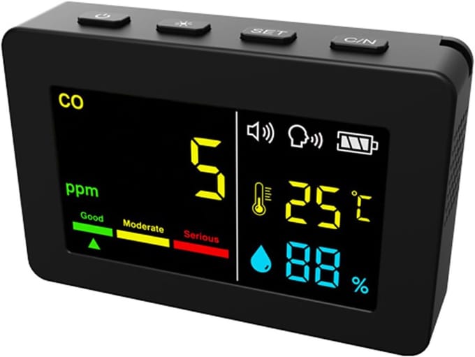 Luchtkwaliteitsmeter - CO meter Vochtigheid - Binnenklimaat Meten - Elektrochemische Sensor - Compact Formaat - Zwart