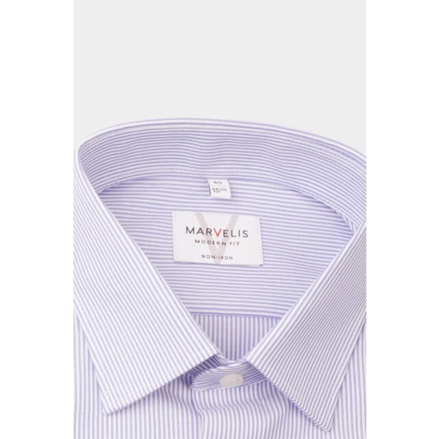 MARVELIS modern fit overhemd - blauw met wit gestreept - Strijkvrij - Boordmaat: 43