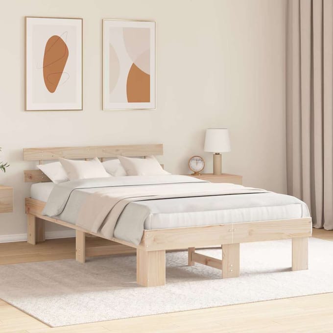 vidaXL - Bedframe - met - hoofdeinde - Naturel - 135 - x - 190 - cm - Massief - grenenhout