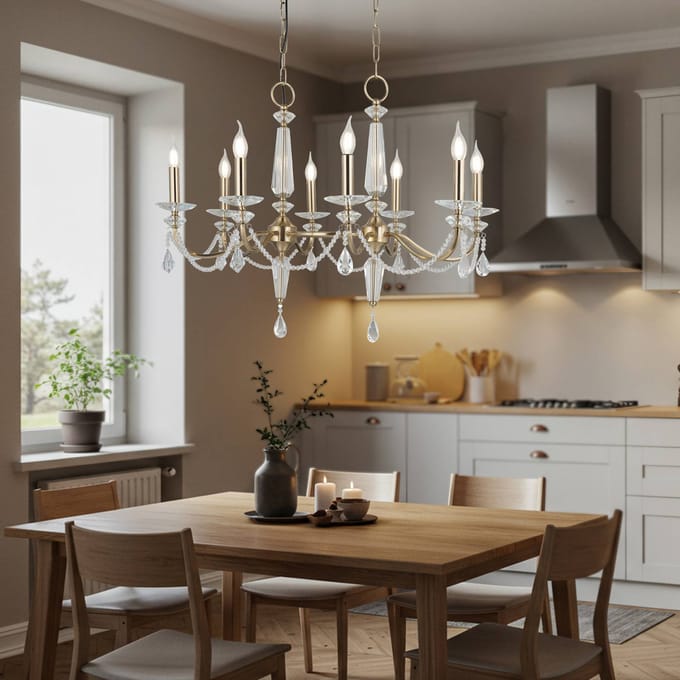 Lucea Kroonluchter Adone, lineair, 8-lamps, messing, kristalglas