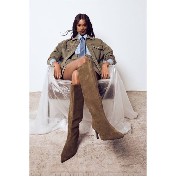 boohoo Dames Knee High Column Stiletto Mid Boots | Olijf | Maat: 41