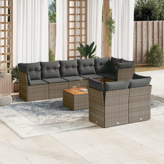 vidaXL - 9-delige - Loungeset - met - kussens - poly - rattan - grijs