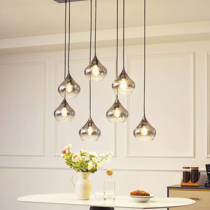 Lucande - hanglamp - 7lichts - Glas, ijzer - H: 17.5 cm - E27 - rookgrijs, zwart