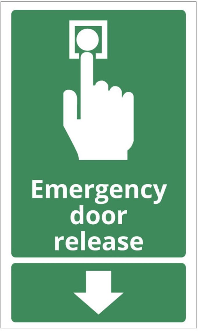 Bord met tekst Emergency door release, kunststof 200 x 120 mm