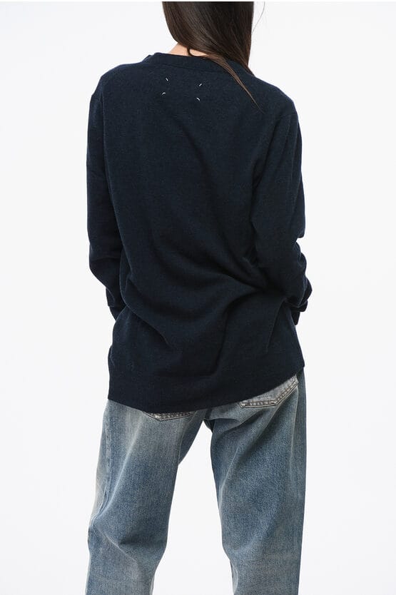 Effen V-hals vest van wol en nylon in blauw