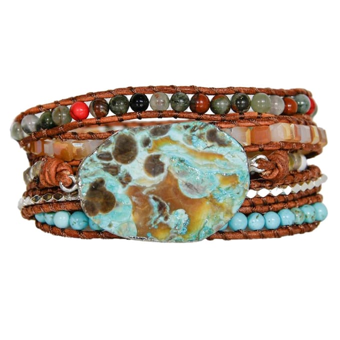 Marama - wikkelarmband Green Valley Silver - damesarmband - leer - edelsteen Amazoniet - verstelbare sluiting