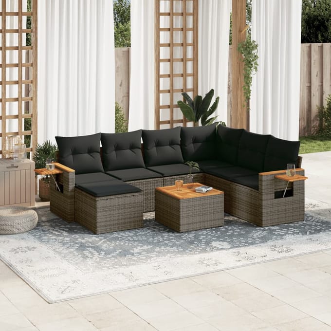 vidaXL - 8-delige - Loungeset - met - kussens - poly - rattan - grijs