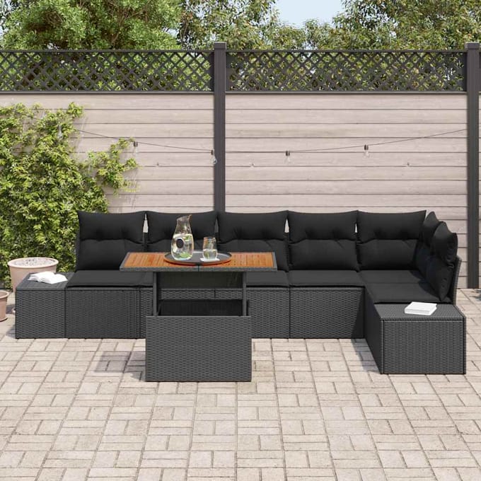 vidaXL Tuin Eettafel Set met kussen 7 pcs Zwart en Bruin