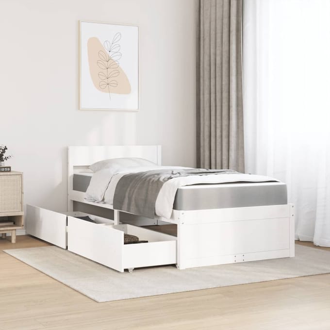vidaXL - Bed - met - lades - en - matras - massief - grenenhout - wit - 90x200 - cm
