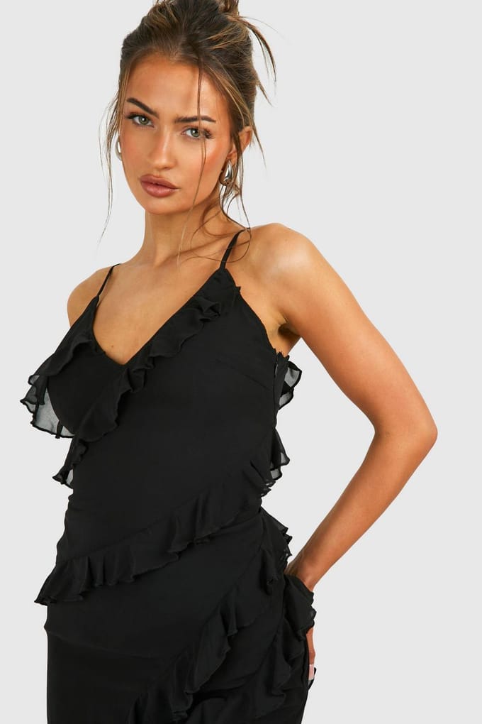 boohoo Dames Chiffon Ruffle Maxi Slip Jurk | Zwart | Maat: 38