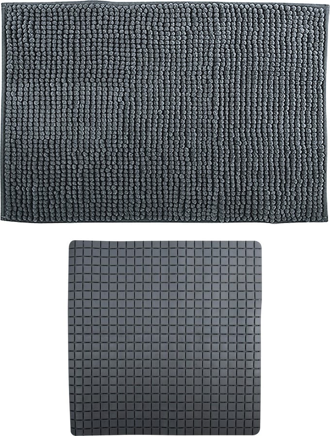 MSV Douche anti-slip mat en droogloop mat - Sevilla badkamer set - rubber/microvezel - donkergrijs