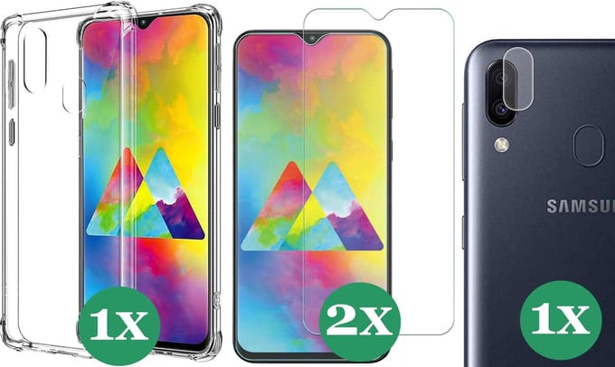 Hoesje geschikt voor Samsung Galaxy M20 - 2x Screenprotector Glas & 1x Camera Screen Protector - Transparant Shock Case