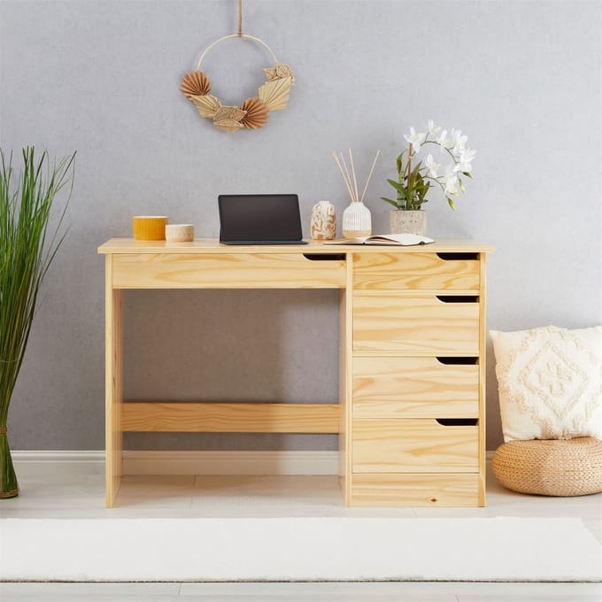 Bureau HUGO van massief grenenhout in naturel met 5 lades