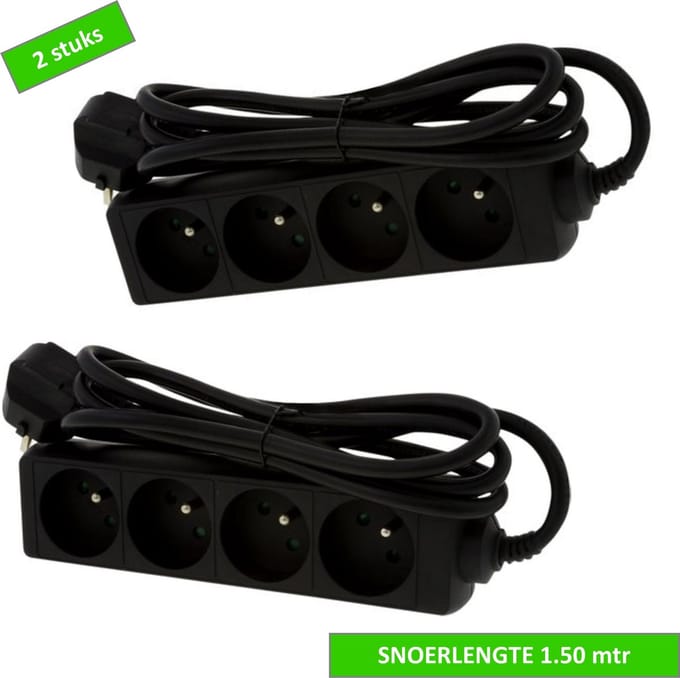 Q-LINK stekkerdoos - 4 voudig - Penaarde - 1.50 mtr kabel - 3.680 watt - Zwart - 2 stuks