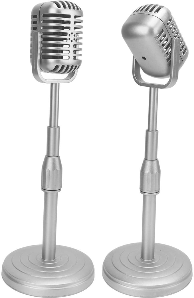Allecto - Vintage Microfoon Speelgoed - Retro Microfoon Rekwisieten - Verstelbare Standaard - Zilver - Plastic Nep Microfoon - Geschikt voor Fotogr...