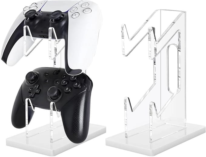 Gamecontrollerstandaard, 2 niveaus - Universele standaard voor twee controllers - Hoofdtelefoonstandaard - Witte acryl displaystandaard - Bureaustandaard - Transparant