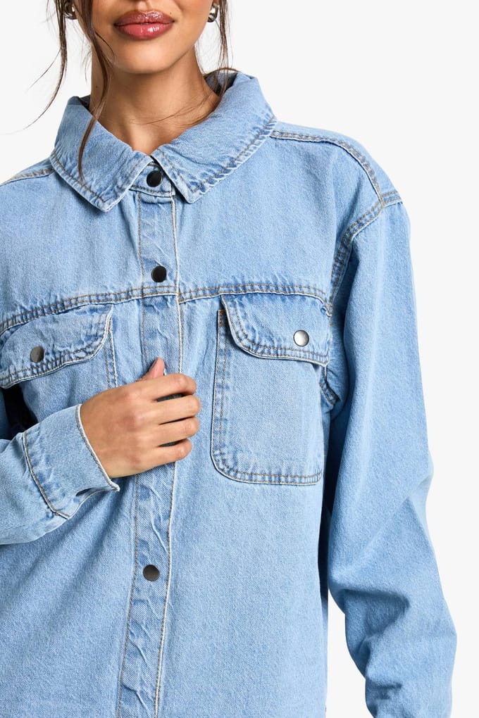 boohoo Dames Denim Oversized Shirt | Light Wash | Maat: 14
