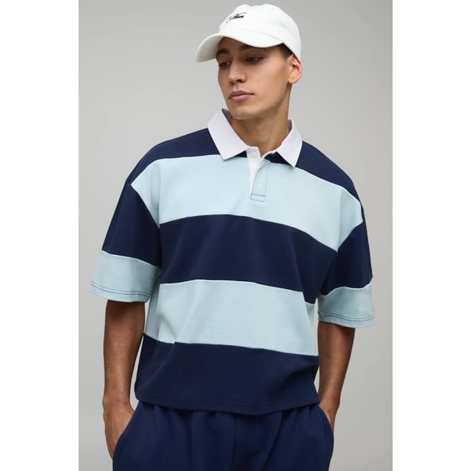 Oversized Gekrompen Gestreepte Interlock Korte Mouw Rugby Polo | Blue | Size Large