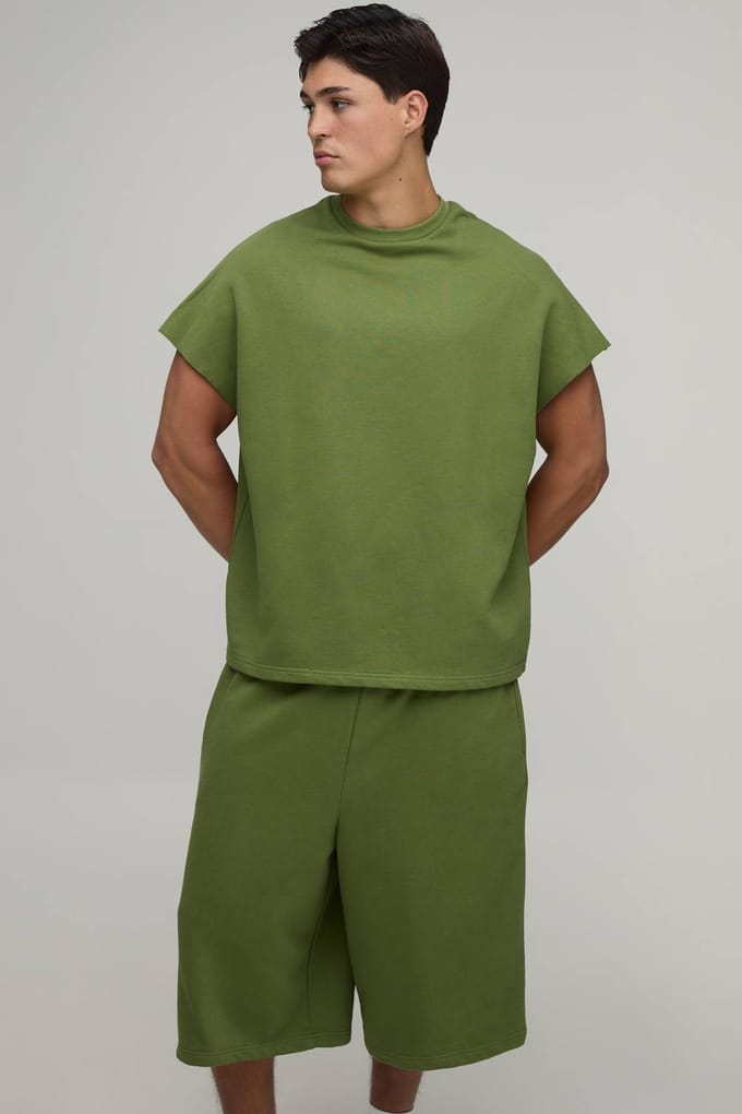 Oversized Boxy Loopback T-shirt Met Korte Mouwen En Jorts Set | Olive | Size Medium