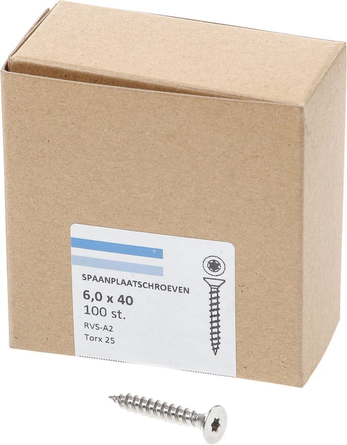 Hoenderdaal Spaanplaatschroef RVS platverzonken kop TX25 voldraad 6.0X40 (per 100 stuks)