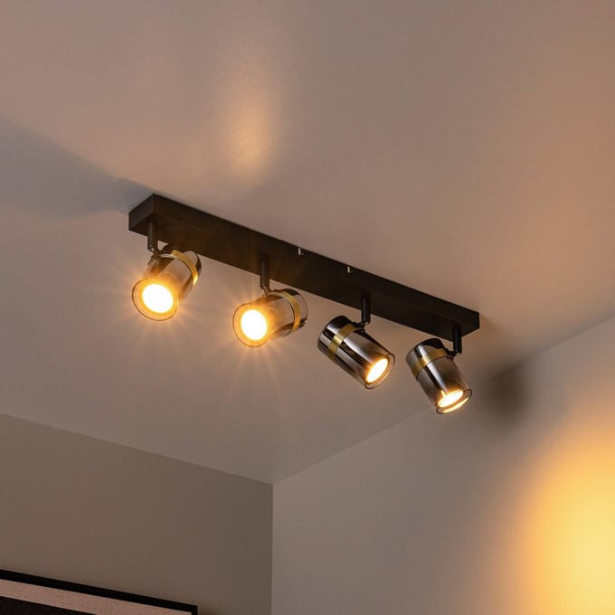 Lucide Plafondspot Upton, lengte 56 cm, zwart/rookgrijs, 4-lamps.