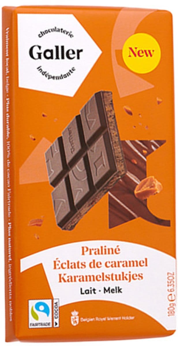 Melkchocoladetablet met pralinévulling en karamelstukjes Galler Lait Praline Eclats de Caramel, 180 g
