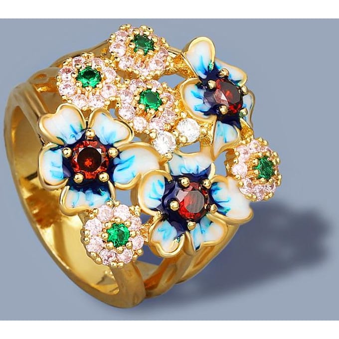 Fleurs en émail incrustées de zircons colorés Style pastoral Décontracté et à la mode Élégante bague pour dames No. 8 beige
