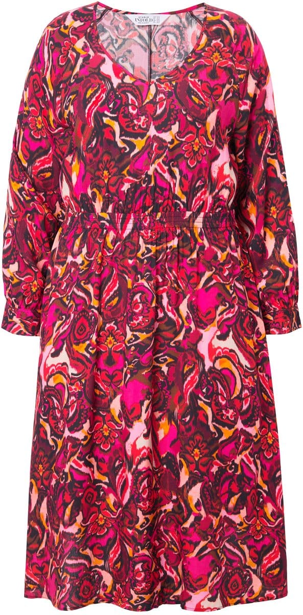 Studio Untold - Dames - Midi-jurk A-lijn all-over print lange raglanmouw - Bessenroze - Maat 54+