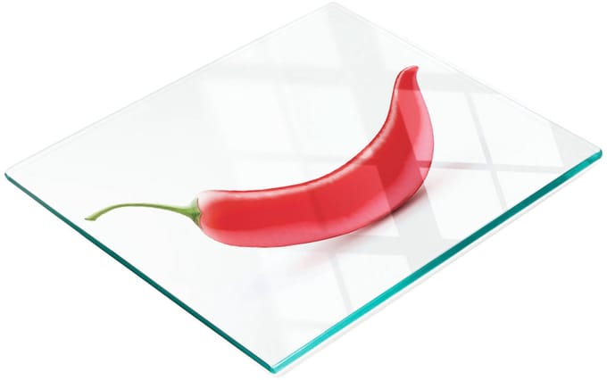 Glazen snijplank met chilipepermotief, 60x52 cm