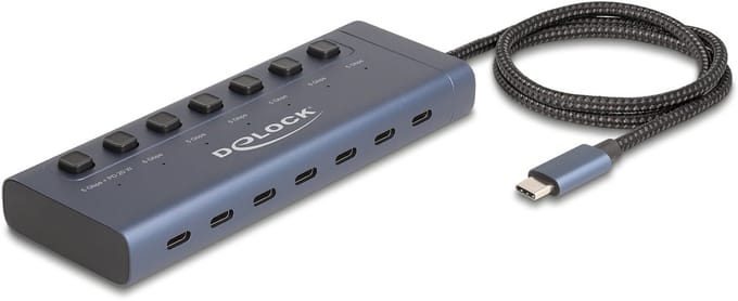 Delock USB 5 Gbps Hub with 7 USB Type-C™ Port with switch thereof 6 x Data Port + 1 x Data and PD 20 Watt