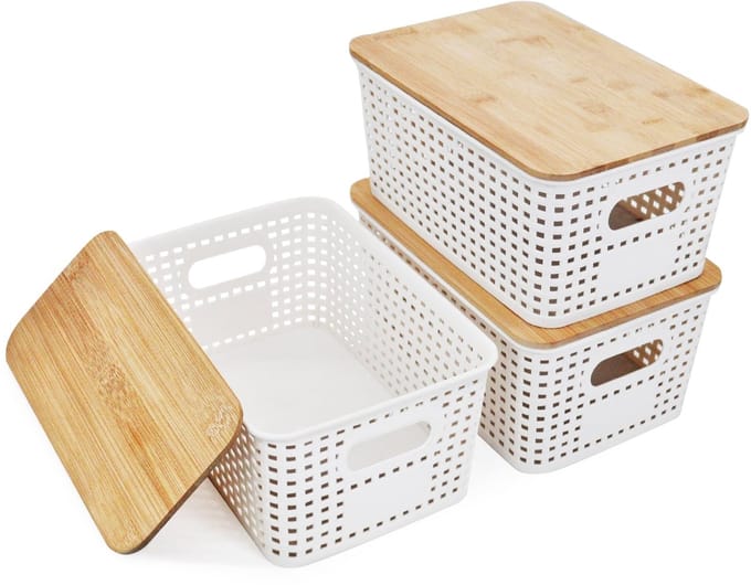 SnelShoppen - 3 Delige Opbergdoos met Bamboe Deksel - Witte 5L Plastic Box voor Badkamer en Keuken - Stapelbare Rieten Organizer 25 x 18 x 10cm