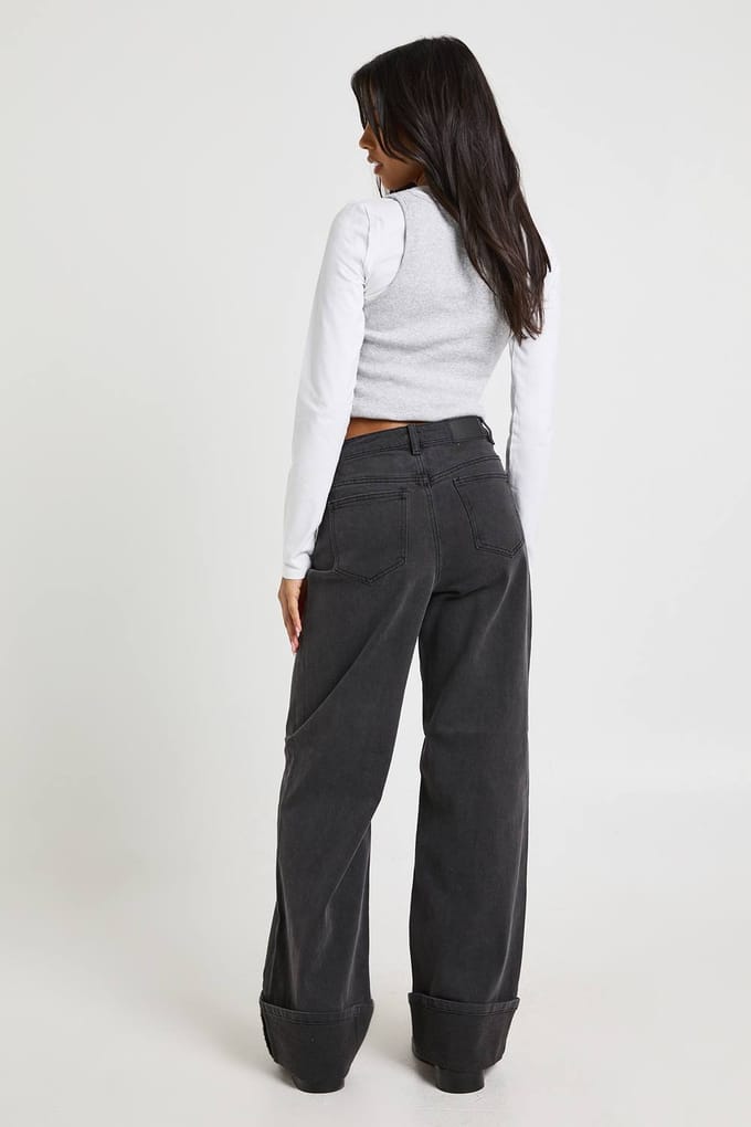 boohoo Dames Turn Up Hoge Taille Rechte Pijpen Spijkerbroek | Washed Black | Maat: 36
