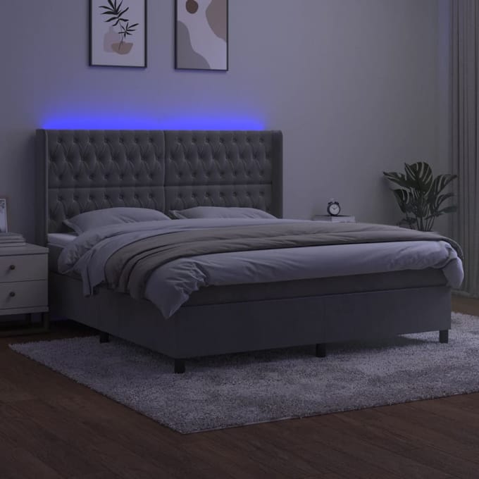 vidaXL - Boxspring - met - matras - en - LED - fluweel - lichtgrijs - 180x200 - cm