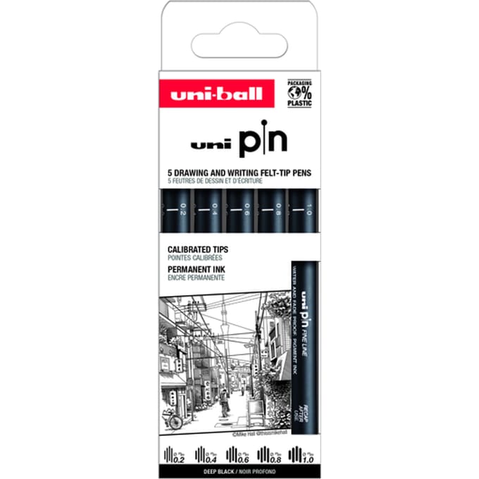 Fineliner Uni-ball Pin ASP009 set à 5 breedtes zwart