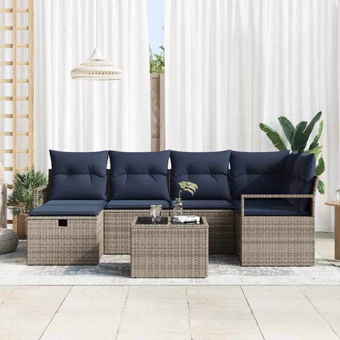 vidaXL - Bankstel - 7 - st - Grijs - en - Marineblauw - poly - rattan
