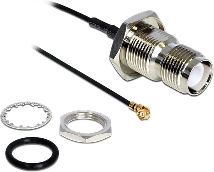 MHF I (v) - RP-TNC (v) kabel met afdichtring - Micro Coax (1,37 mm) - 50 Ohm / zwart - 0,20 meter