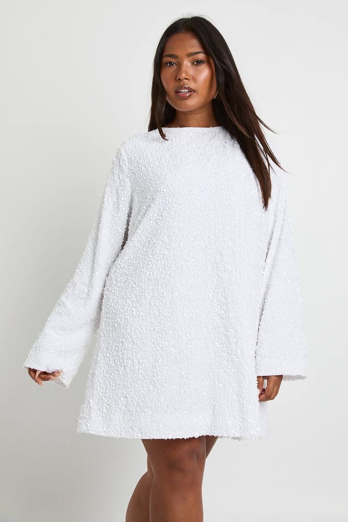 boohoo Dames Plus Pailletten Fluweel Strikrug Shiftjurk | Wit | Maat: 48