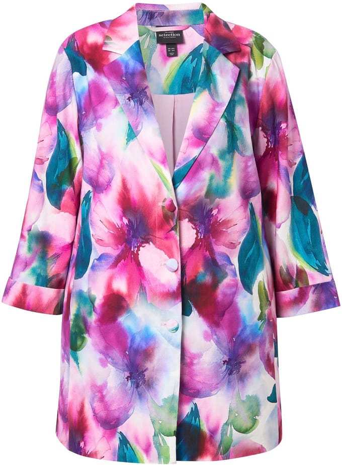 Ulla Popken - Dames - Blazer linnenmix A-lijn reverskraag 3/4-mouwen - Sneeuwwit - Maat 46+